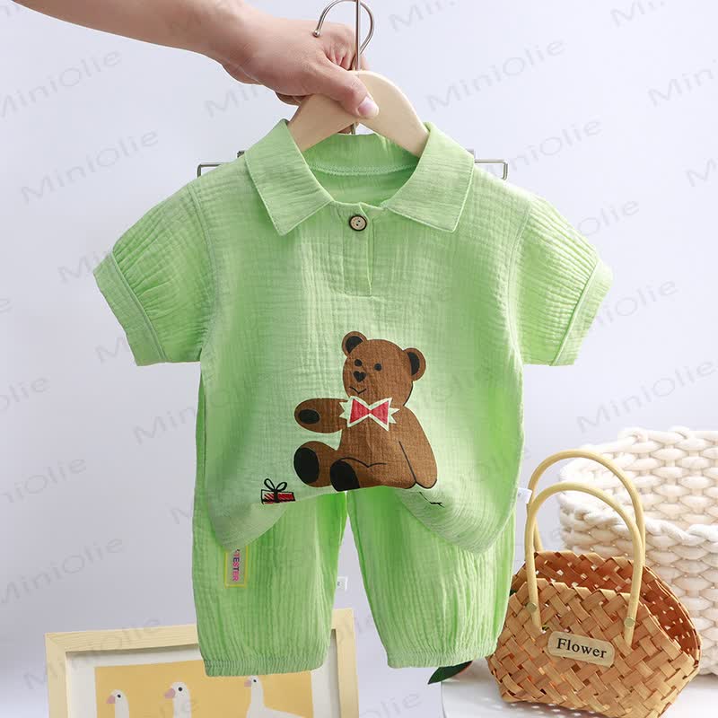 Kleinkind Set aus knitterfreiem Baumwollhemd und Hose , 2-teilig - Grüner Bär - 8-9J - image 9