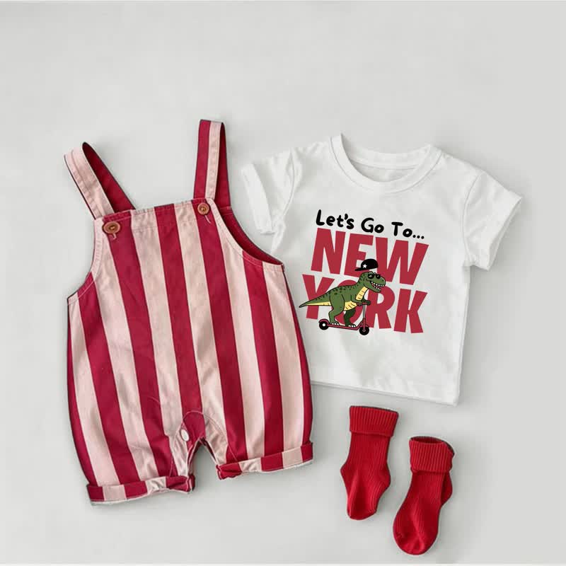 LET'S GO TO NEW YORK Baby Mädchen Dinosaurier Overalls mit roten Streifen und weißem T-Stück 2-teiliges Set - Weiß & Rot - 2-3J - image 1