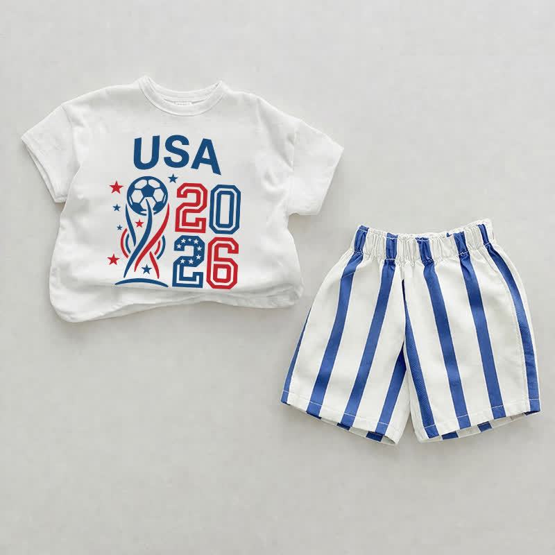 USA 2026 Baby Football Print Blau Vertikal Streifen 2-teiliges Shorts Set - Weiß & Blau - 2-3J - image 1