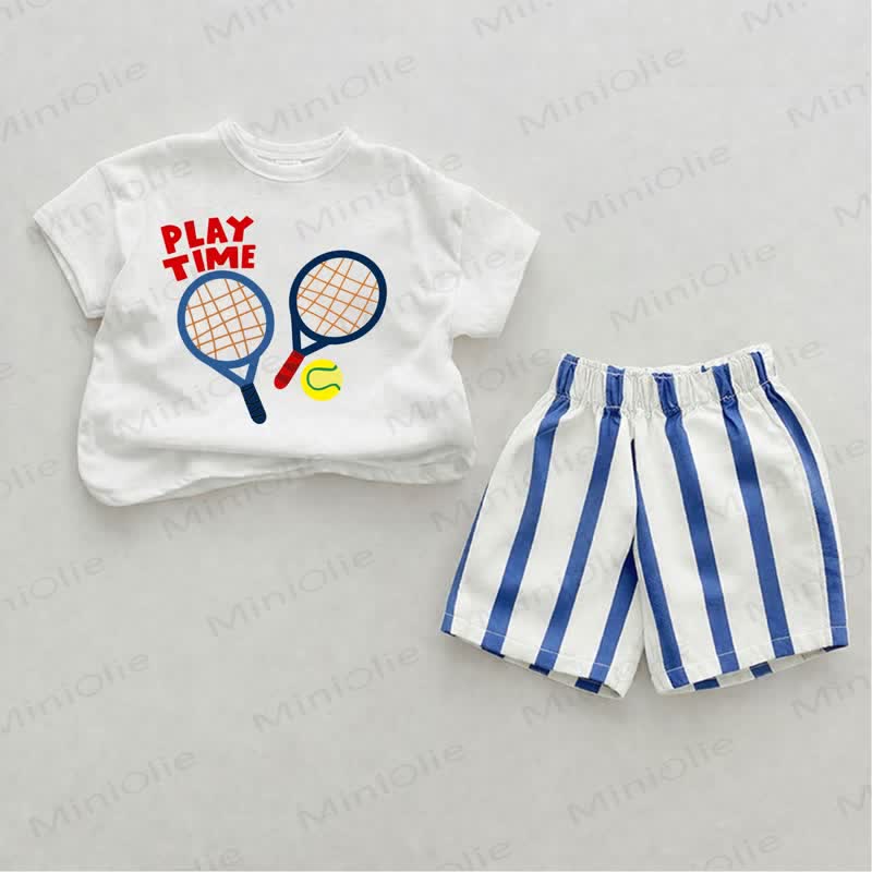 PLAY TIME Baby , vertikal Streifen 2-teiliges Shorts Set - Weiß & Blau - 2-3J - image 1