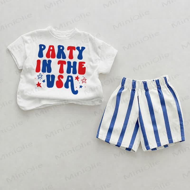 PARTY IN THE USA Baby , vertikal Streifen 2-teiliges Shorts Set - Weiß & Blau - 2-3J - image 1