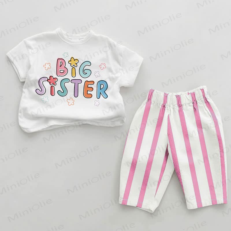 BIG SISTER Baby Mädchen Rosa Vertikal Streifen 2-teiliges Set - Weiß & Rosa - 2-3J - image 1