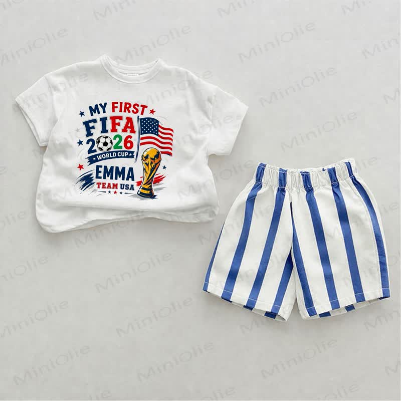MY FIRST FIFA WM 2026 EMMA TEAM USA Baby -Fußball-Print Blau Vertikal Streifen 2-teiliges Shorts Set - Weiß & Blau - 2-3J - image 1