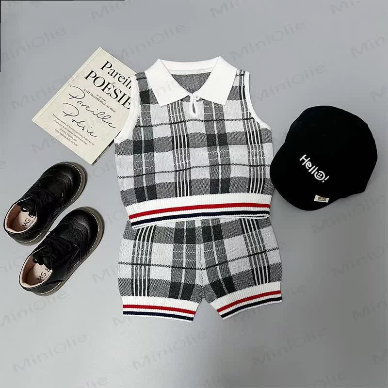 Baby Kleinkind Set: Plaid Tanktop mit Stricken und Shorts (2-teilig) - image 1