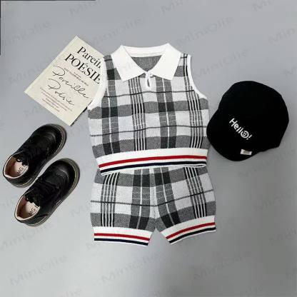 Baby Kleinkind Set: Plaid Tanktop mit Stricken und Shorts (2-teilig) - image 1