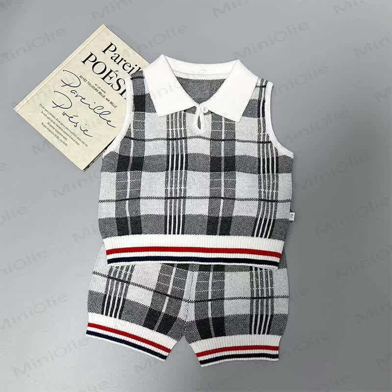 Baby Kleinkind Set: Plaid Tanktop mit Stricken und Shorts (2-teilig) - Grau - 4-5J - image 2