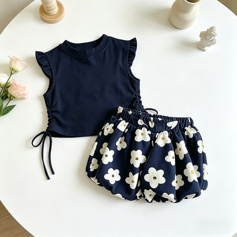 2-teiliges Set für Kleinkind : Blumen Spitze und Shorts - Marineblau - 7-10J - image 2