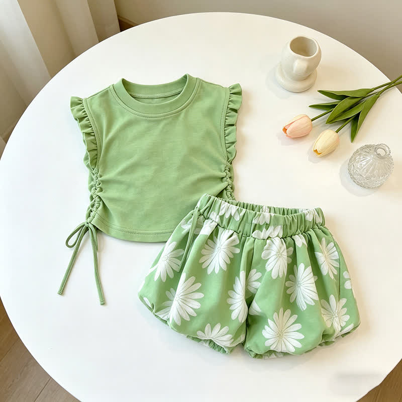 2-teiliges Set für Kleinkind : Blumen Spitze und Shorts - Grün - 7-10J - image 4