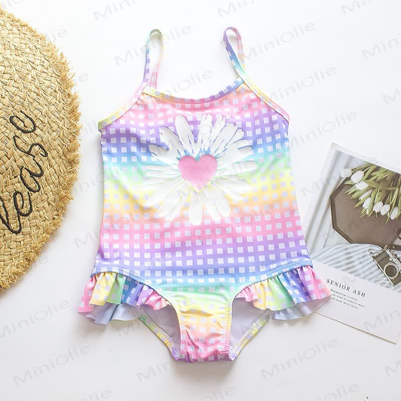 Kleinkind-Mädchen Gänseblümchen Plaid Rüschen- Ein Stück Bademode - Rosa - 8-9J - image 1