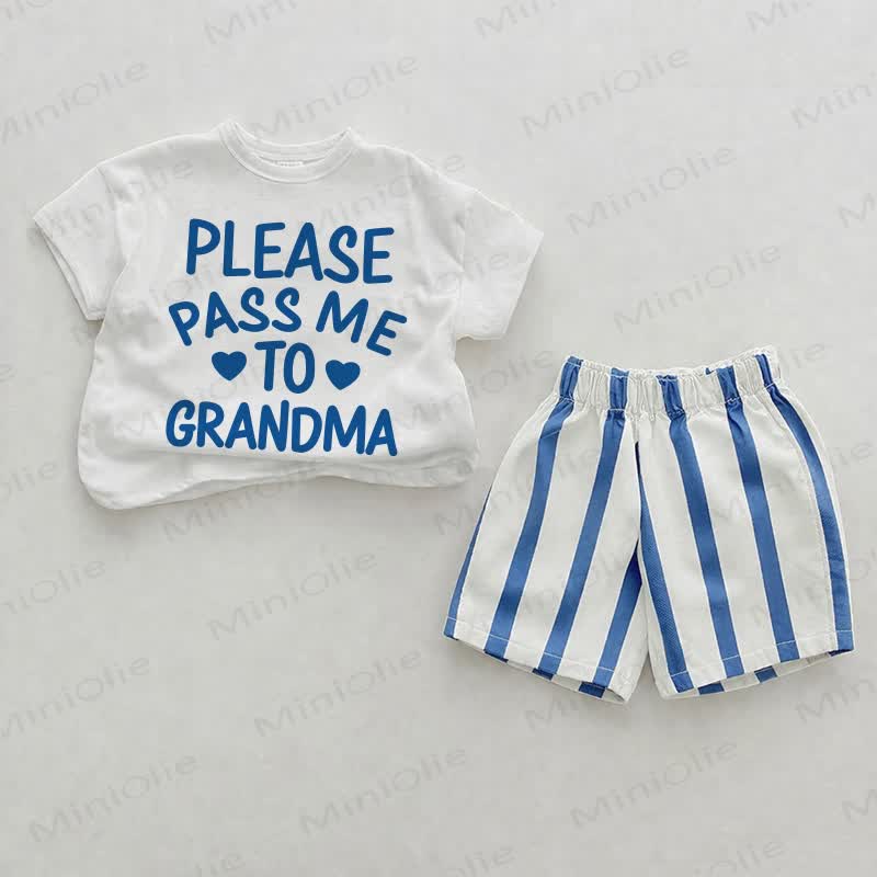 PLEASE PASS ME TO GRANDMA Baby , vertikal Streifen 2-teiliges Shorts Set - Weiß & Blau - 2-3J - image 1