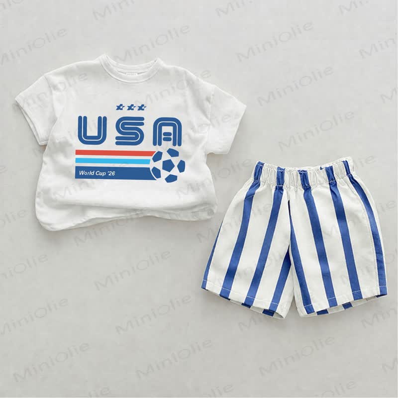 USA WORLD CUP '26 Baby Football Blau Vertikal Streifen 2-teiliges Shorts Set - Weiß & Blau - 2-3J - image 1
