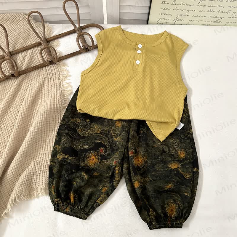 Set aus ärmellosem Spitze mit Knopfleiste und bedruckter Hose für Kleinkind - Gelb - 10-11J - image 4