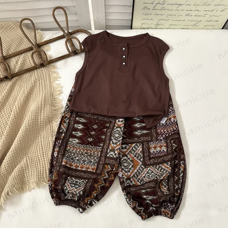 Set aus ärmellosem Spitze mit Knopfleiste und bedruckter Hose für Kleinkind - Braun - 10-11J - image 2