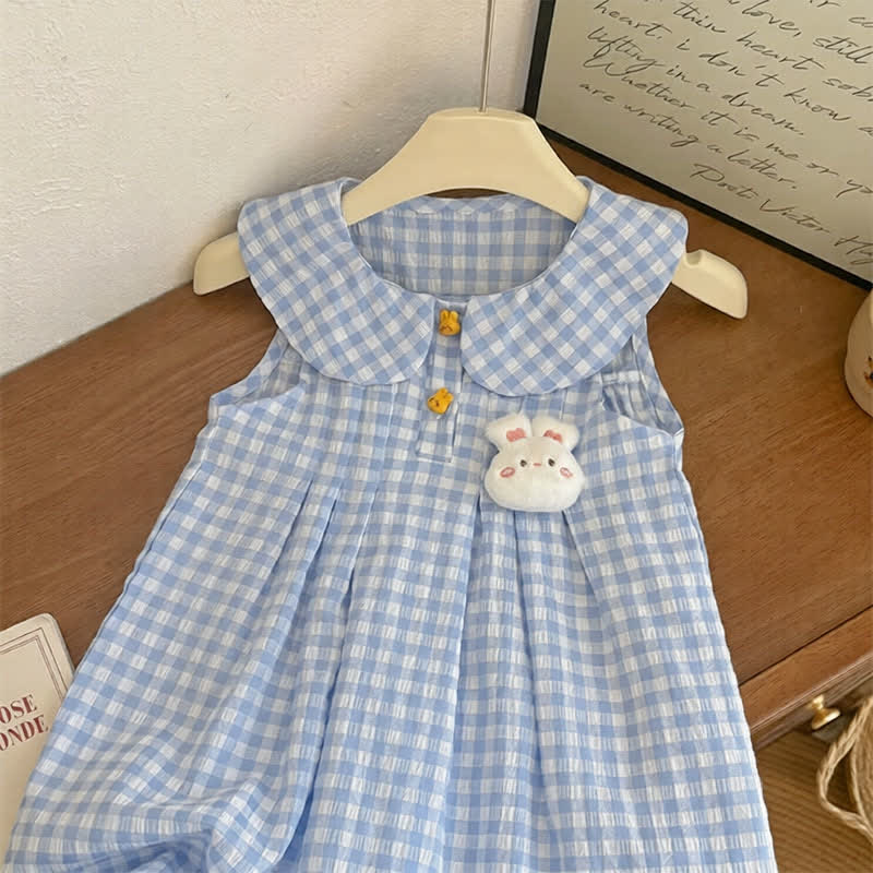 Ärmelloses Kleid für Kleinkindermädchen in Blau mit Gingham und Hase - image 2