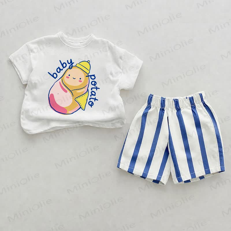BABY POTATO Shorts Set mit Baby -Print, Blau vertikal Streifen, 2-teilig - Weiß & Blau - 2-3J - image 1