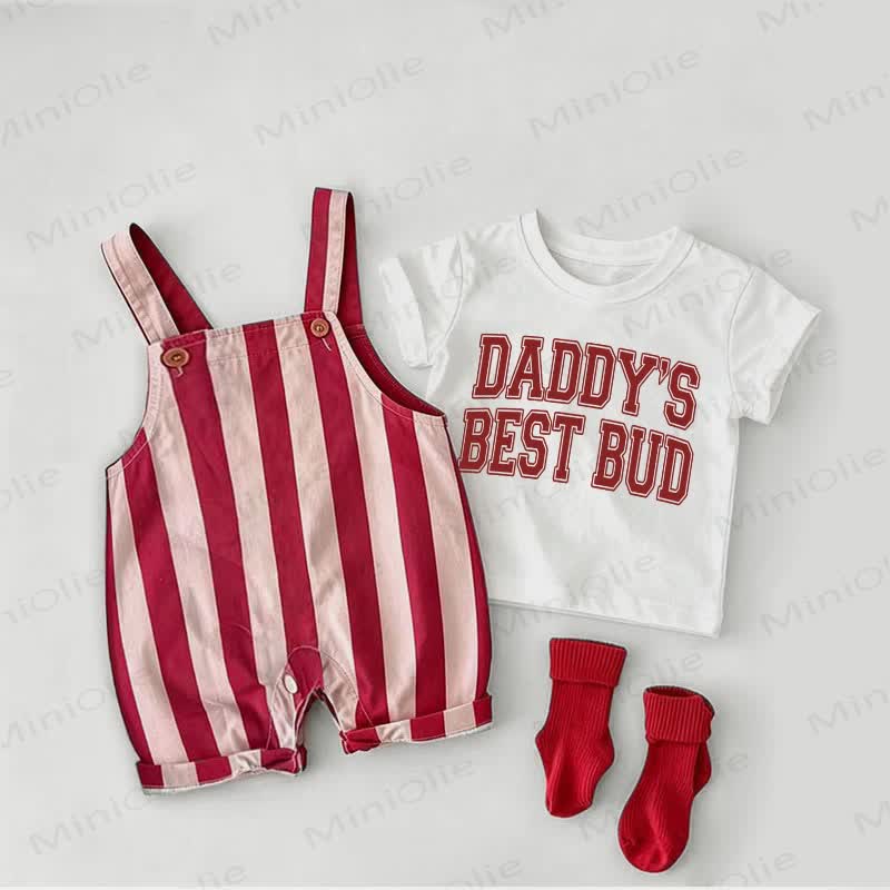 DADDY'S BEST BUD Baby Overalls mit roten Streifen und weißem T-Stück , 2-teiliges Set - Weiß & Rot - 2-3J - image 1