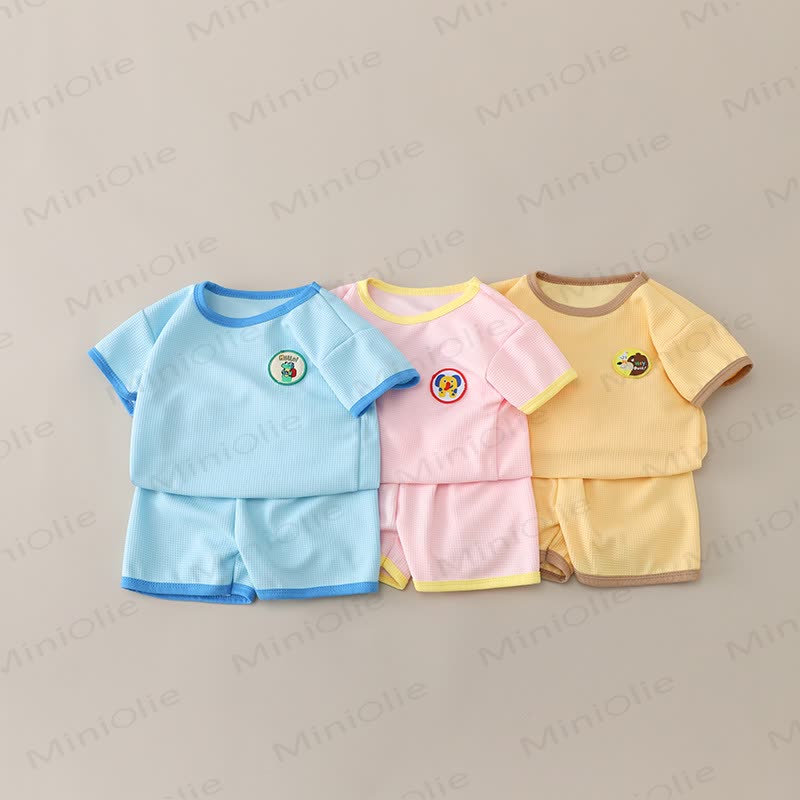 Baby Kleinkind Set mit Waffel T-Stück und Shorts mit Tier - image 1