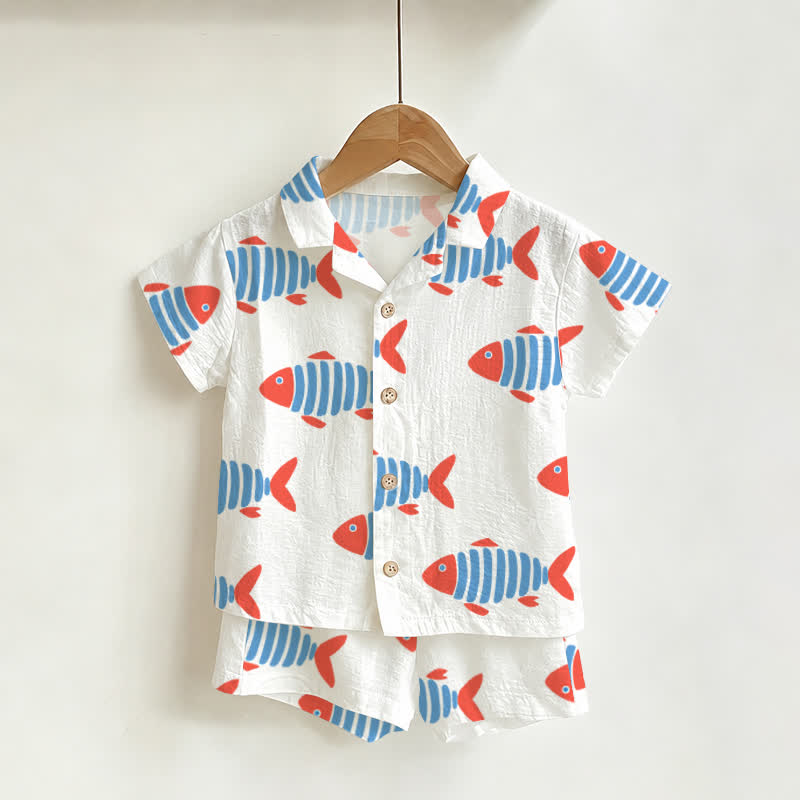 Zweiteiliges Set für Kleinkind-Jungen: Weißes Fisch -Shirt und Shorts - Weiß - 3-5J - image 1