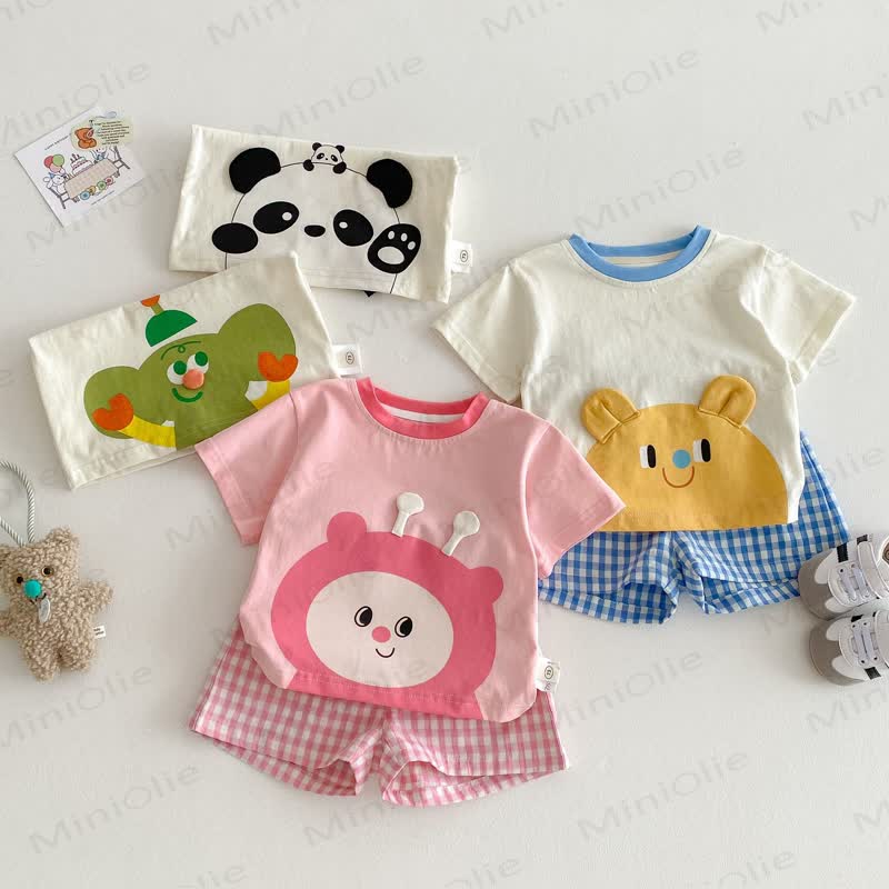 Zweiteiliges Set aus weichem Baumwoll-T-Shirt und Plaid Shorts mit Tiermotiven für Baby und Kleinkind - image 1