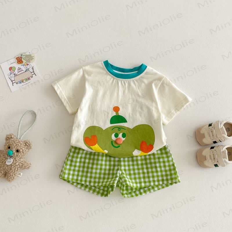 Zweiteiliges Set aus weichem Baumwoll-T-Shirt und Plaid Shorts mit Tiermotiven für Baby und Kleinkind - Grün - 4-5J - image 5
