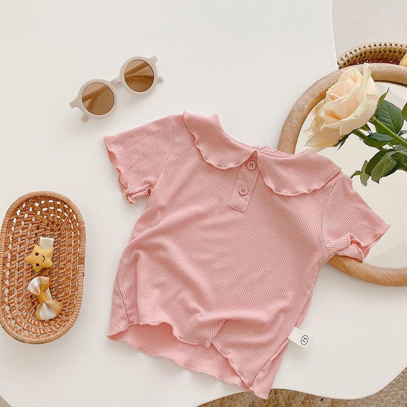 Kleinkind Mädchen Einfarbig T-Shirt mit Rüschenkragen und Gerippt - Rosa - 6-7J - image 3