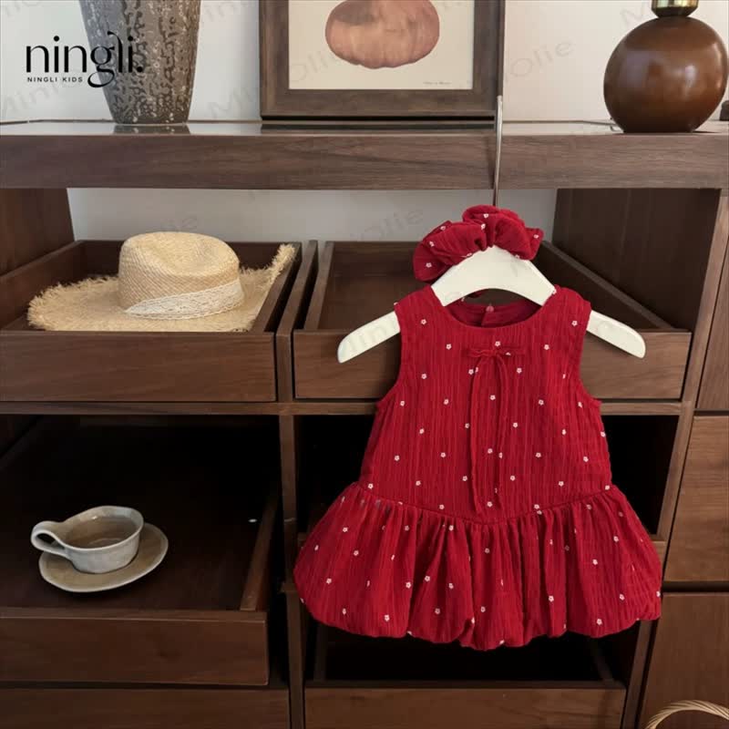 Ärmelloses rotes Kleid mit kleinen Punkte für Kleinkind-Mädchen mit Haargummi - Rot - 6-7J - image 1