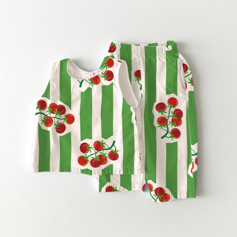 2-teiliges Set für Baby und Kleinkind : Streifen Spitze und Shorts mit Kirsche - Grün - 3-4J - image 1