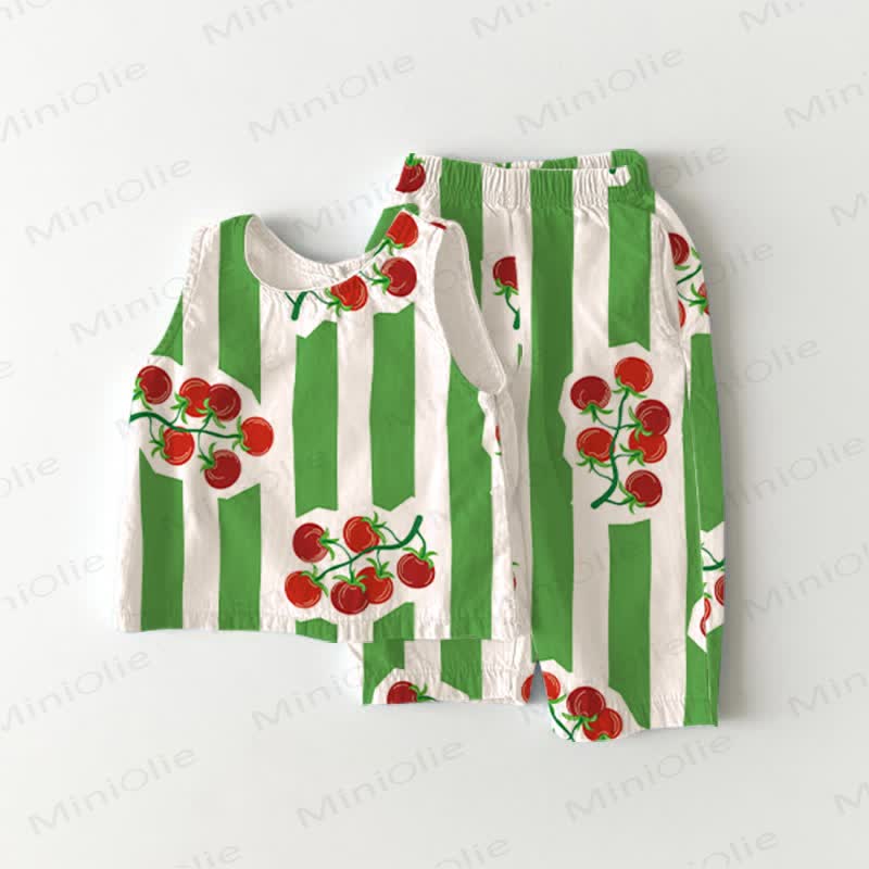 2-teiliges Set für Baby und Kleinkind : Streifen Spitze und Shorts mit Kirsche - Grün - 3-4J - image 1