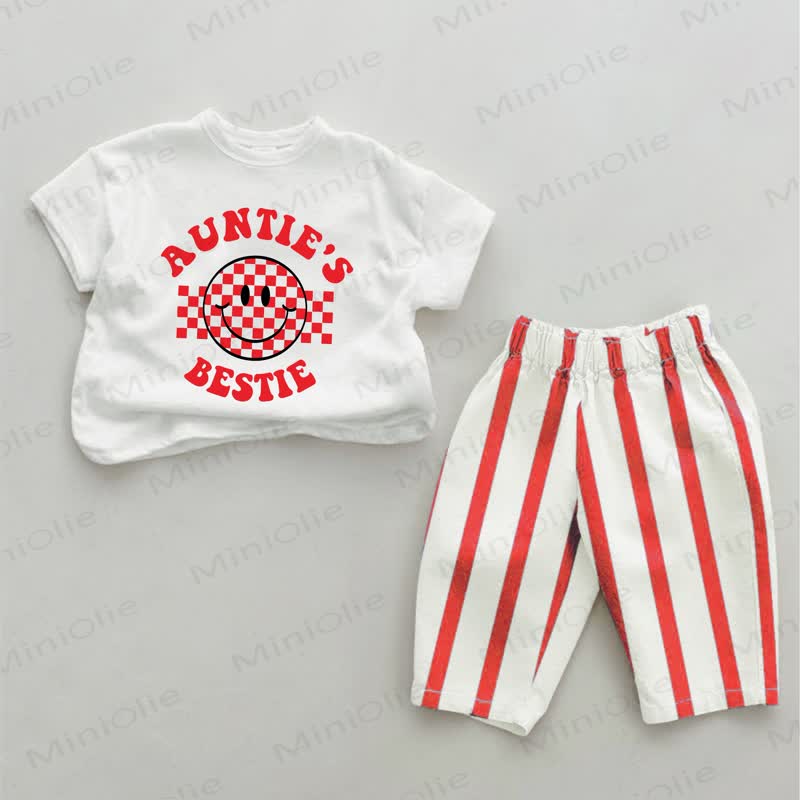 AUNTIE'S BESTIE Baby Smiley Gesicht Plaid rot Streifen 2-teiliges Set - Weiß & Rot - 4-5J - image 1