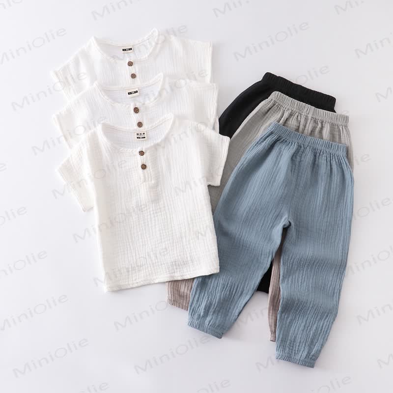 2-teiliges Set aus Einfarbig Baumwoll- Spitze und Hose mit Knopfleiste für Kleinkind - image 1