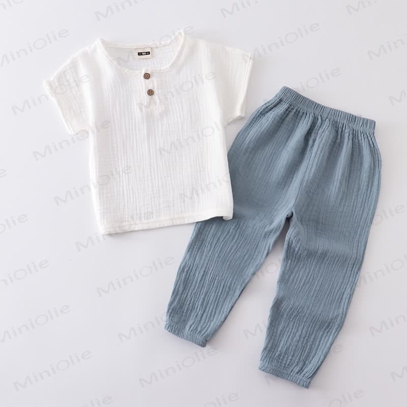 2-teiliges Set aus Einfarbig Baumwoll- Spitze und Hose mit Knopfleiste für Kleinkind - Weiß & Blau - 6-7J - image 3