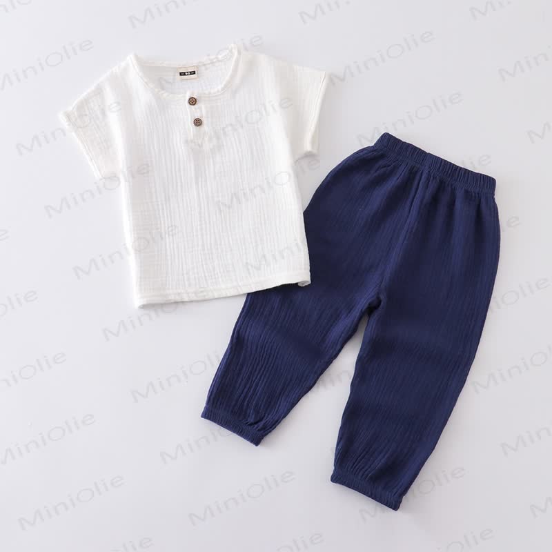 2-teiliges Set aus Einfarbig Baumwoll- Spitze und Hose mit Knopfleiste für Kleinkind - Weiß & Marineblau - 6-7J - image 4