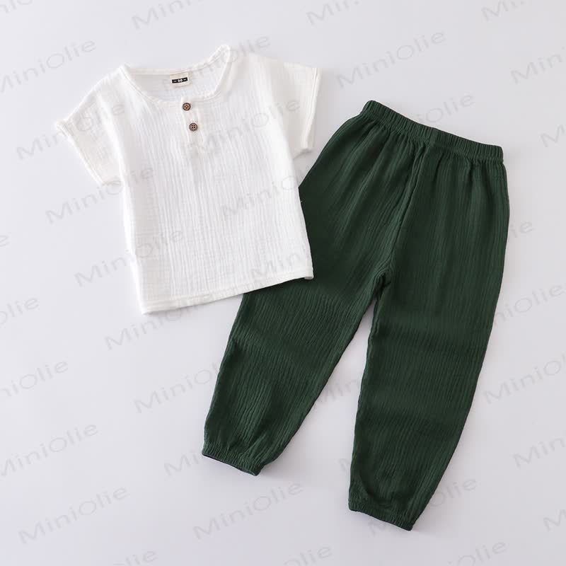 2-teiliges Set aus Einfarbig Baumwoll- Spitze und Hose mit Knopfleiste für Kleinkind - Weiß & Grün - 6-7J - image 6