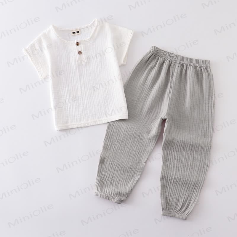2-teiliges Set aus Einfarbig Baumwoll- Spitze und Hose mit Knopfleiste für Kleinkind - Weiß & Grau - 6-7J - image 7