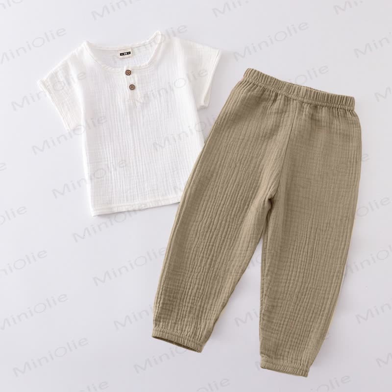 2-teiliges Set aus Einfarbig Baumwoll- Spitze und Hose mit Knopfleiste für Kleinkind - Weiß & Braun - 6-7J - image 8