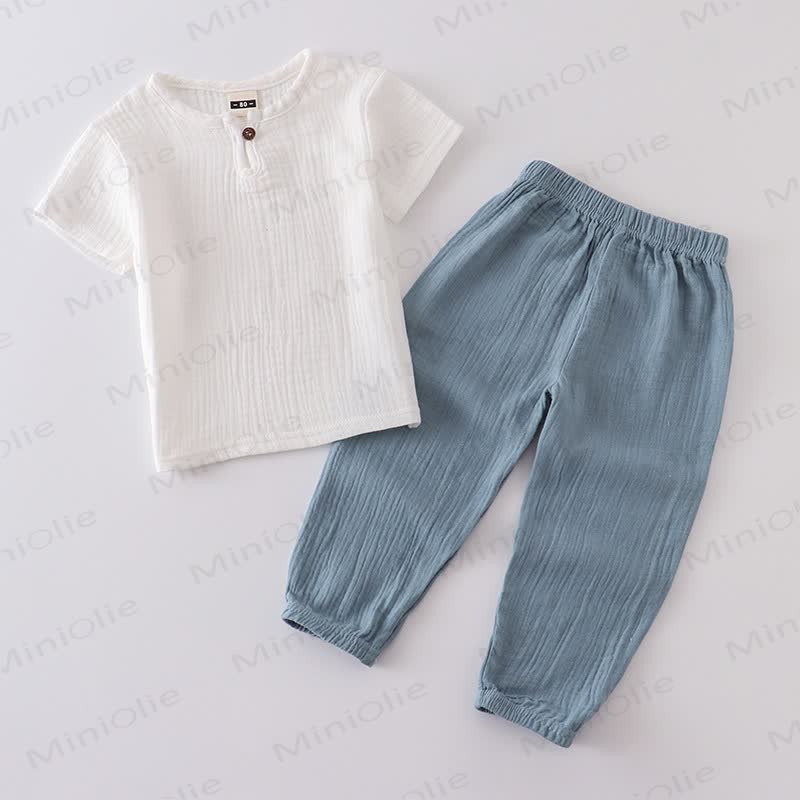 2-teiliges Set aus Einfarbig Baumwoll- Spitze und Hose mit Knopfleiste für Kleinkind - Weiß & Blau (Einzelknopf) - 6-7J - image 9