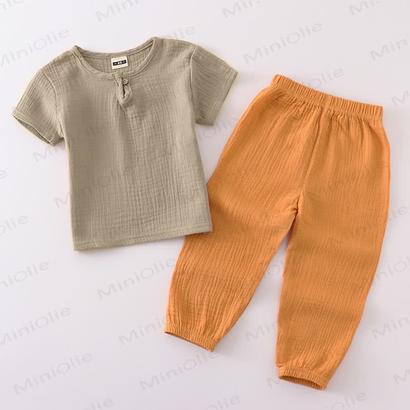 2-teiliges Set aus Einfarbig Baumwoll- Spitze und Hose mit Knopfleiste für Kleinkind - Braun & Gelb (Einzelknopf) - 6-7J - image 10