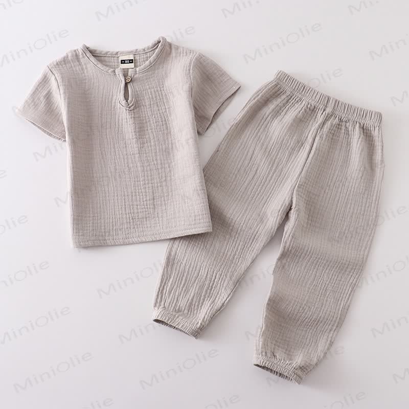 2-teiliges Set aus Einfarbig Baumwoll- Spitze und Hose mit Knopfleiste für Kleinkind - Grau - 6-7J - image 12