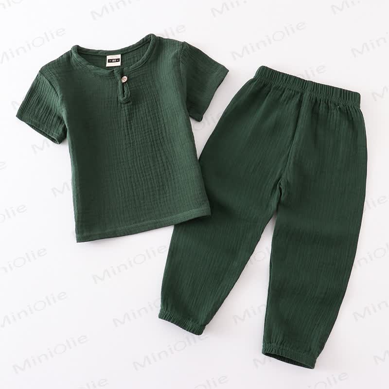 2-teiliges Set aus Einfarbig Baumwoll- Spitze und Hose mit Knopfleiste für Kleinkind - Grün - 6-7J - image 13