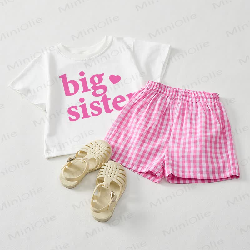 BIG SISTER Baby Mädchen T-Stück und Rosa Plaid Shorts 2-teiliges Set - Weiß & Rosa - 3-5J - image 1