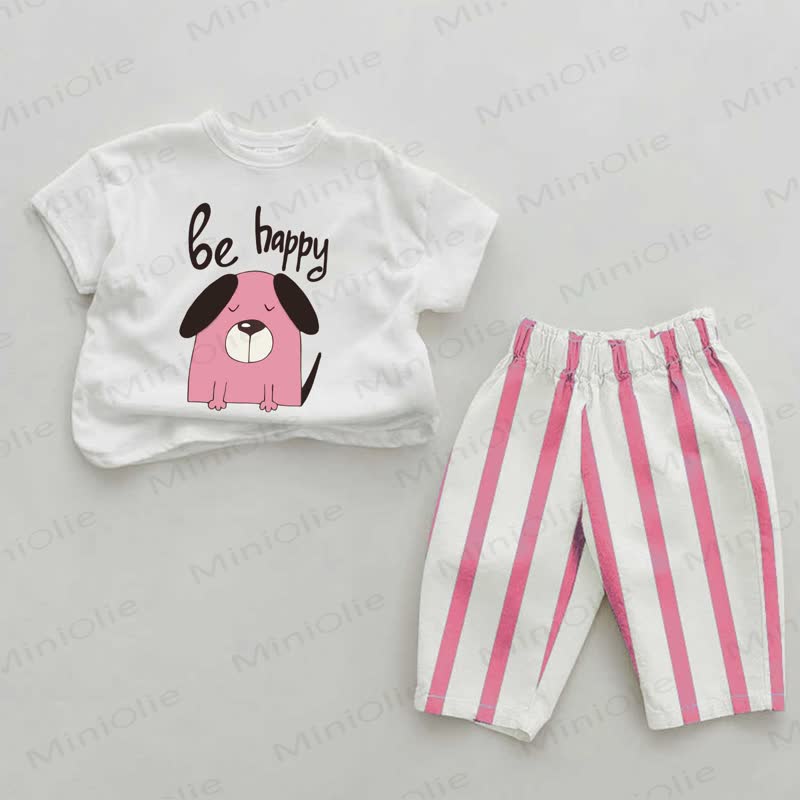 BE HAPPY Baby Mädchen Hunde-Print Rosa Streifen 2-teiliges Set - Weiß & Rosa - 2-3J - image 1