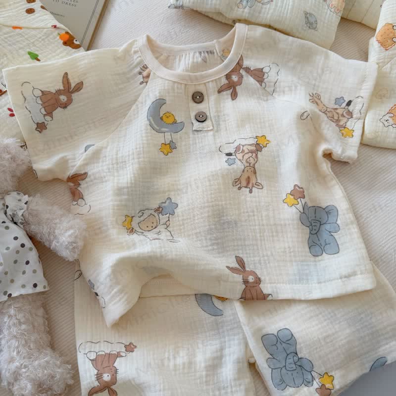 Zweiteiliges Set aus weichem Baumwoll-T-Shirt und Shorts mit Tiermotiv für Tier - Beige Schafe - 8-9J - image 2