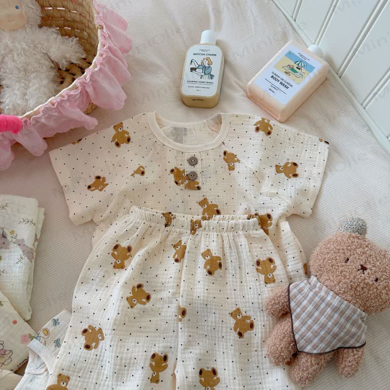 Zweiteiliges Set aus weichem Baumwoll-T-Shirt und Shorts mit Tiermotiv für Tier - Beige Punkte Bär - 8-9J - image 5
