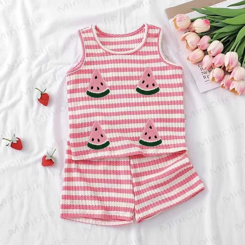 2-teiliges Set für Baby und Mädchen : Tanktop und Shorts in Waffel mit Wassermelonenmuster - Rosa - 2-3J - image 1