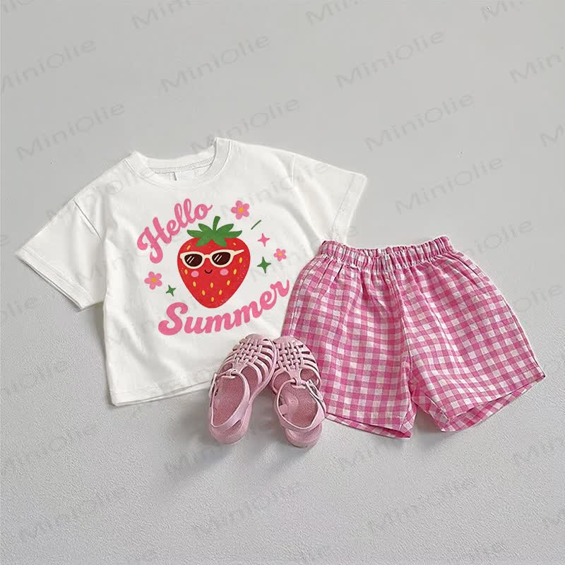 HELLO SUMMER Baby T-Stück und Rosa Plaid Shorts 2-teiliges Set - Weiß & Rosa - 3-5J - image 1