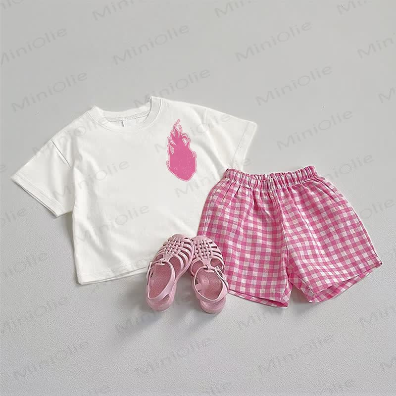 Baby Flame T-Stück und Rosa Plaid Shorts 2-teiliges Set - Weiß & Rosa - 3-5J - image 1