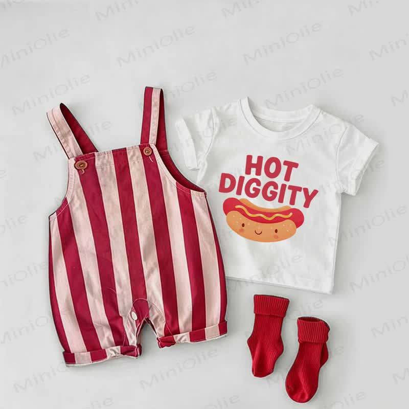 HOT DIGGITY Baby Overalls mit roten Streifen und weißem T-Stück , 2-teiliges Set - Weiß & Rot - 2-3J - image 1