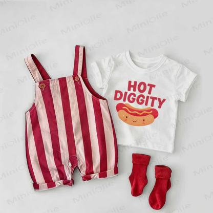 HOT DIGGITY Baby Overalls mit roten Streifen und weißem T-Stück , 2-teiliges Set - Weiß & Rot - 2-3J - image 1