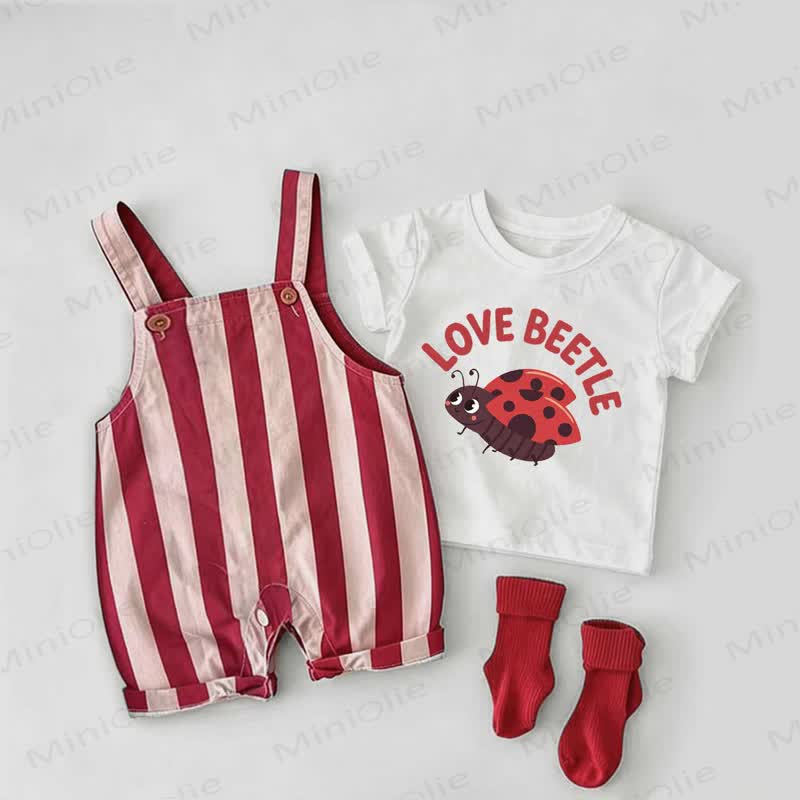 LOVE BEETLE Baby Marienkäfer Rot gestreifte Overalls und weißes T-Stück 2-teiliges Set - Weiß & Rot - 2-3J - image 1
