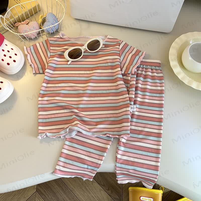 Kleinkind Set aus weichem Streifen- T-Stück und Hose , 2-teilig - Orange - 8-9J - image 6